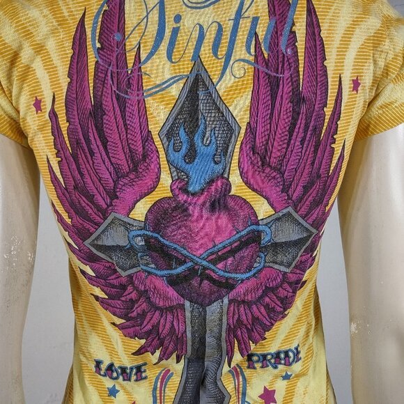 Sinful by Affliction yellow animal print short sleeve graphic t-shirt Medium - Picture 6 of 10